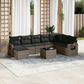 Set de muebles de jardín 9 pzas y cojines ratán sintético gris