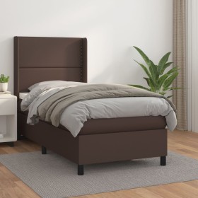 Cama box spring con colchón cuero sintético marrón 100x200 cm