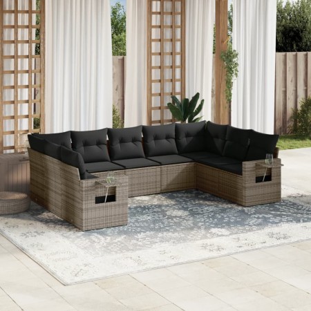 Set de muebles de jardín 9 pzas y cojines ratán sintético gris