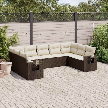 Set de sofás de jardín 9 pzas y cojines ratán sintético marrón