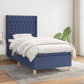 Cama box spring con colchón tela azul 90x200 cm