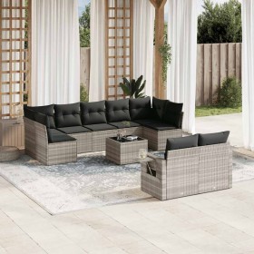 Set sofás jardín 10 pzas con cojines ratán sintético gris claro