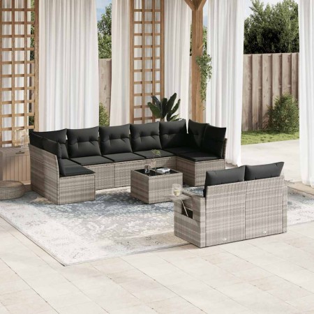 Set sofás jardín 10 pzas con cojines ratán sintético gris claro
