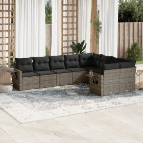 Set de muebles de jardín 9 pzas y cojines ratán sintético gris