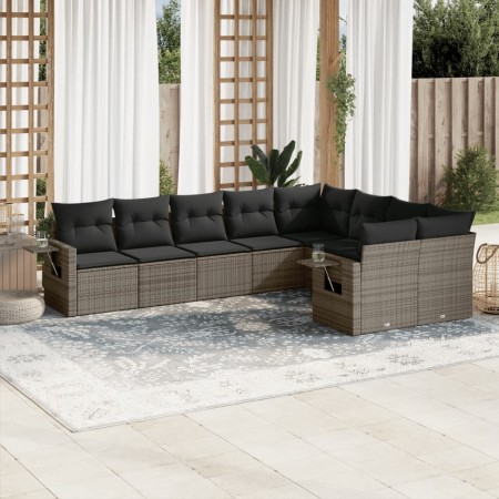 Set de muebles de jardín 9 pzas y cojines ratán sintético gris