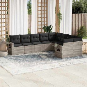 Set muebles jardín 9 pzas y cojines ratán sintético gris claro