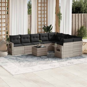 Set sofás jardín 10 pzas con cojines ratán sintético gris claro