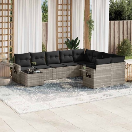Set sofás jardín 10 pzas con cojines ratán sintético gris claro