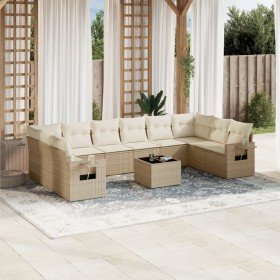 Set de sofás de jardín 11pzas con cojines ratán sintético beige