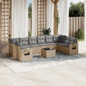 Set de sofás de jardín 11pzas con cojines ratán sintético beige