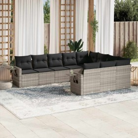 Set sofás jardín 10 pzas con cojines ratán sintético gris claro