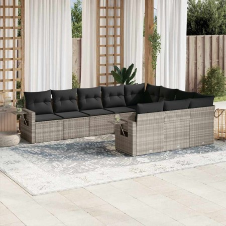 Set sofás jardín 10 pzas con cojines ratán sintético gris claro