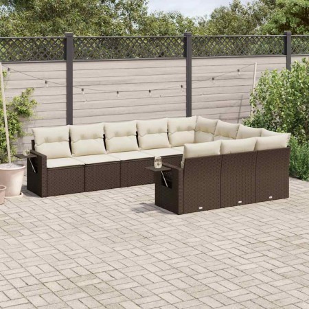 Set de sofás de jardín 10 pzas y cojines ratán sintético marrón