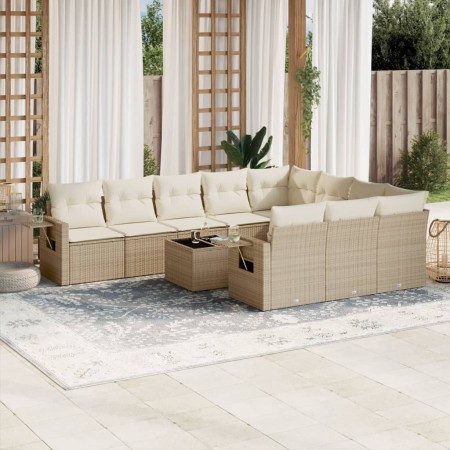 Set de sofás de jardín 11pzas con cojines ratán sintético beige