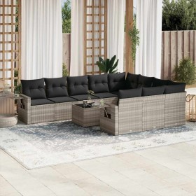 Set de sofás de jardín 11 pzas y cojines ratán sintético gris