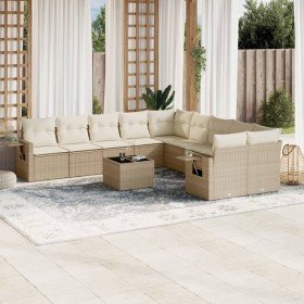 Set de sofás de jardín 11pzas con cojines ratán sintético beige Set de sofás de jardín 11pzas con cojines ratán sintético beige