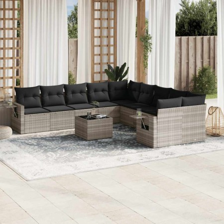 Set de sofás de jardín 11 pzas y cojines ratán sintético gris
