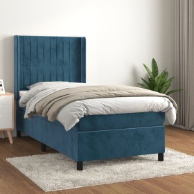 Cama box spring con colchón terciopelo azul oscuro 90x200 cm