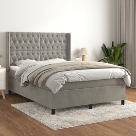 Cama box spring con colchón terciopelo gris claro 140x190 cm