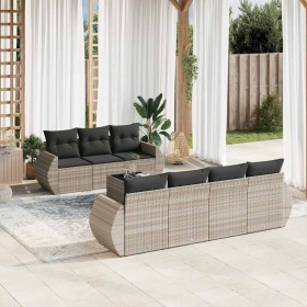 Set de sofás de jardín 8 pzas y cojines ratán sintético gris