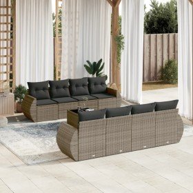 Set de muebles de jardín 9 pzas y cojines ratán sintético gris