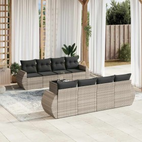 Set muebles jardín 9 pzas y cojines ratán sintético gris claro