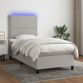 Cama box spring colchón y luces LED tela gris claro 100x200 cm