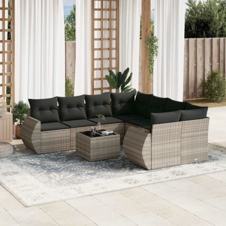 Set muebles jardín 9 pzas y cojines ratán sintético gris claro