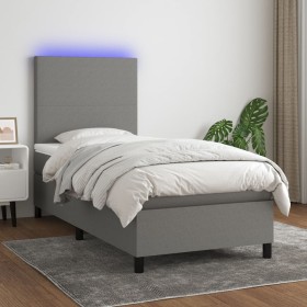 Cama box spring colchón y luces LED tela gris oscuro 90x200 cm