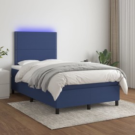 Cama box spring con colchón y LED tela azul 120x200 cm