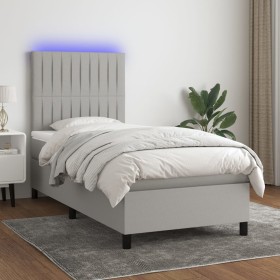 Cama box spring colchón y luces LED tela gris claro 90x190 cm