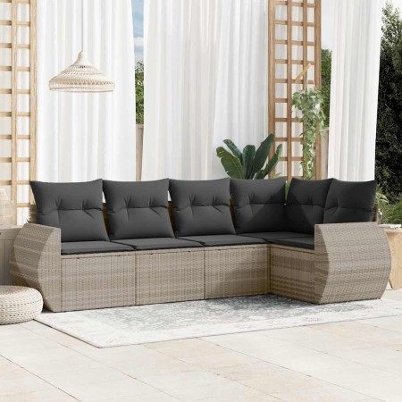 Set de sofás jardín y cojines 5 pzas ratán sintético gris claro