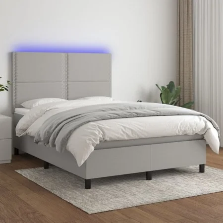 Box spring bed mattress and LED lights light gray fabric 140x190 cm by vidaXL, Beds and slatted bases - Ref: Foro24-3134789, ...