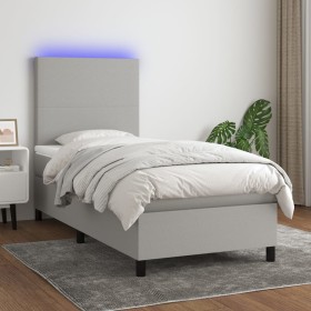 Cama box spring colchón y luces LED tela gris claro 90x190 cm