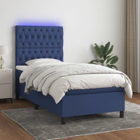 Cama box spring colchón y luces LED tela azul 100x200 cm