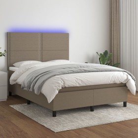 Cama box spring colchón y luces LED tela gris taupe 140x200 cm