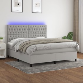 Cama box spring colchón y luces LED tela gris claro 160x200 cm