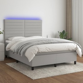 Cama box spring colchón y luces LED tela gris claro 140x190 cm