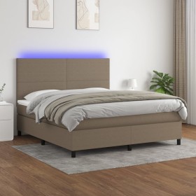 Cama box spring colchón y luces LED tela gris taupe 160x200 cm