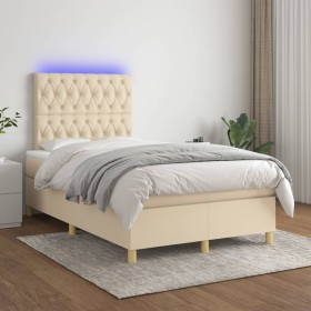 Cama box spring con colchón y LED tela crema 120x200 cm