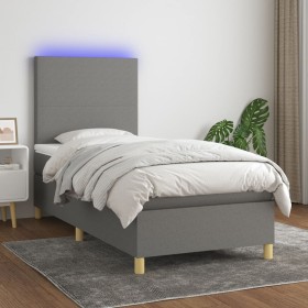 Cama box spring colchón y luces LED tela gris oscuro 90x190 cm