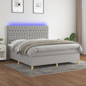 Cama box spring colchón y luces LED tela gris claro 180x200 cm