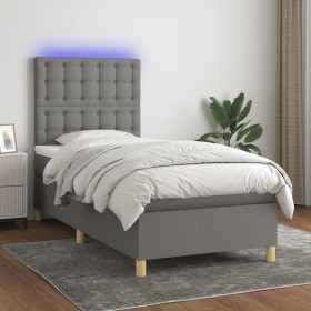 Cama box spring colchón y luces LED tela gris oscuro 90x200 cm