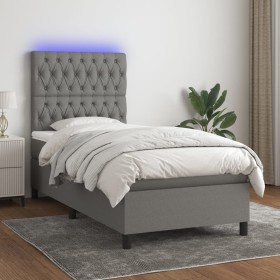 Cama box spring colchón y luces LED tela gris oscuro 100x200 cm