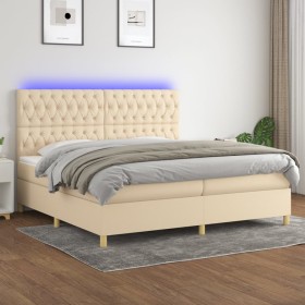 Cama box spring colchón y luces LED tela crema 200x200 cm