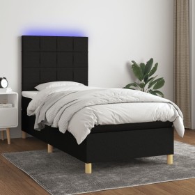 Cama box spring colchón y luces LED tela negro 90x200 cm