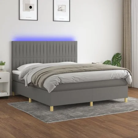 Box spring bed mattress and LED lights dark gray fabric 180x200 cm by vidaXL, Beds and slatted bases - Ref: Foro24-3135614, P...