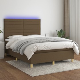 Cama box spring colchón luces LED tela marrón oscuro 140x200cm