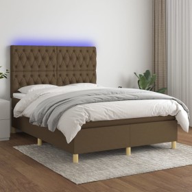 Cama box spring colchón luces LED tela marrón oscuro 140x190 cm