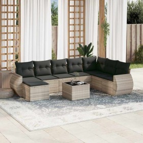 Set muebles jardín 9 pzas y cojines ratán sintético gris claro